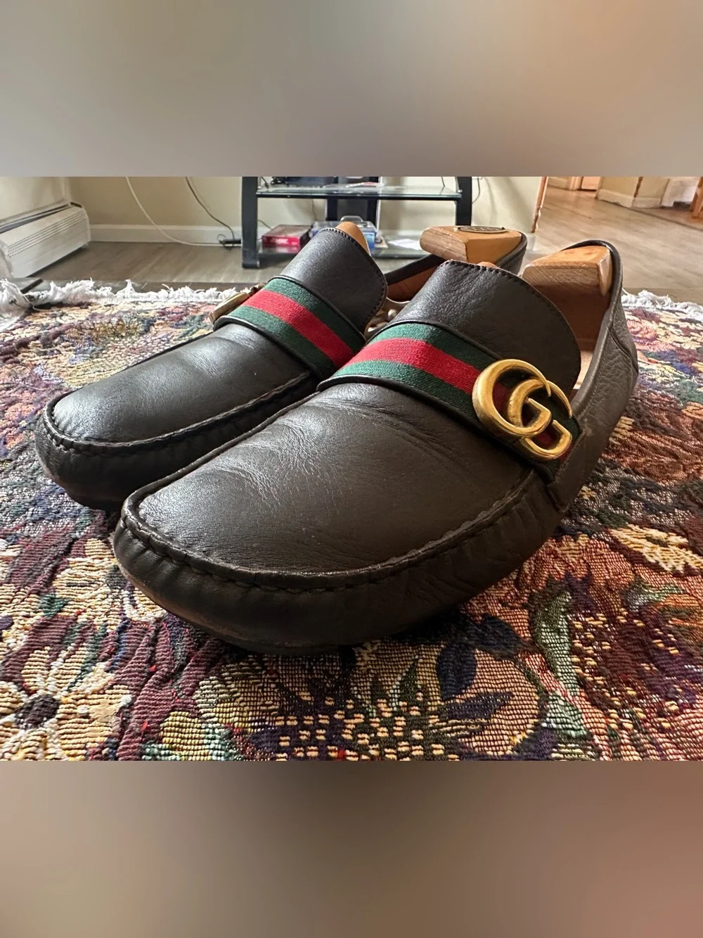 Gucci GG Gold Green Red Web Brown Leather Men’s Driving Loafers Size 12 G